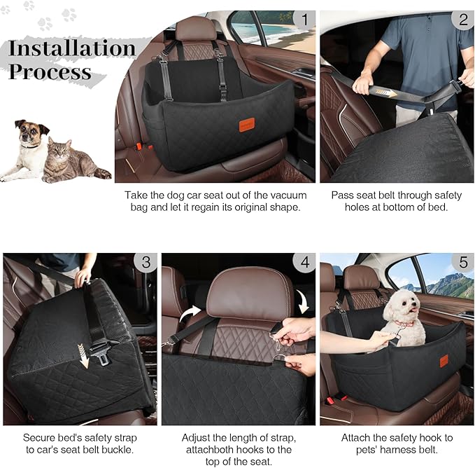 Dog Car Seat for Medium & Large Dogs Up to 55lbs, Memory Foam Cushion, Washable Cover, Safety Straps & Non-Slip Bottom(Black,Large)-PawvioPets