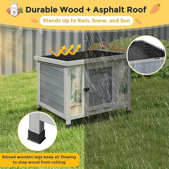 COZIWOW 24in Wooden Cat House Outdoor & Indoor Pet Shelter with Foldable Ramp - Weatherproof Rabbit Hutch with Unique Machine-Printed Art Designs for Cat, Rabbit, Guinea Pig (Grey)-PawvioPets