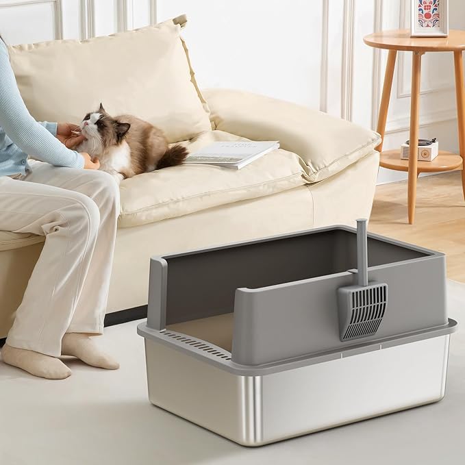 28" Extra Large XXL Stainless Steel Cat Litter Boxes with Lid Metal Cat Litterbox Pan for Big Cats and Multiple Cats, Anti-Leakage, Easy Cleaning, Include Scoop-PawvioPets