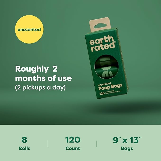 Earth Rated Poop Bags for Dogs Guaranteed Leak Proof and Extra Thick Waste Bag Refill Rolls, Unscented, 120 Count-PawvioPets