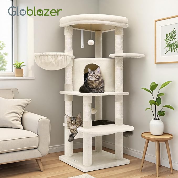 Globlazer Corner Cat Tree Tower with Scratching Post for Indoor Cats, 51in Plush Multi-Level Cat Tower with Large Hammock, Fan-Shaped Padded Perch, Spacious Cat Condo, Hanging Basket, C51, Light Beige-PawvioPets
