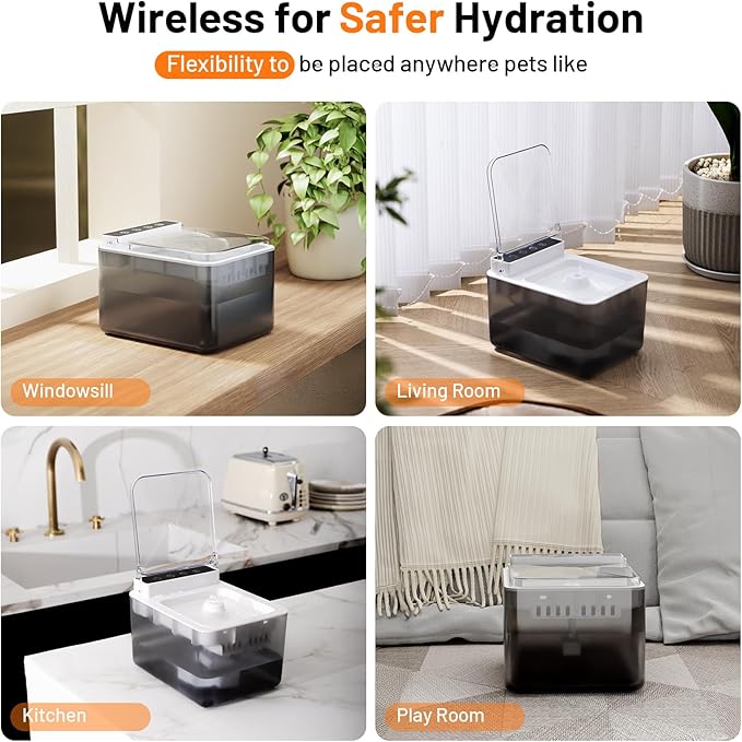 Cat Water Fountain Pet Water Dispenser Automatic Kitty Spout Flip Lid Water Fountain 106oz/3L Cordless Battery Operated for Small Dogs for Drinking Indoor with Motion Sensor Quiet Water Pump-PawvioPets