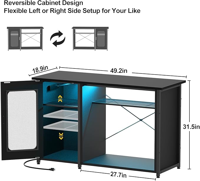 55-75 Gallon Fish Tank Stand with Power Outlets & LED Light, Reversible Heavy Duty Metal Aquarium Stand with Cabinet for Fish Tank Accessories Storage, Turtle/Reptile Terrariums, Black-PawvioPets