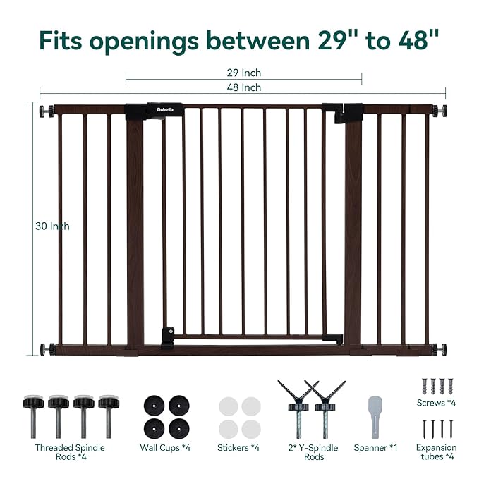 BABELIO Baby Gate with Black Wood Pattern, 29-48 Inch Auto Close Dog Gate for The House, Stairs and Doorways, Pressure Mounted Pet Gate with Door and Y Spindle Rods-PawvioPets