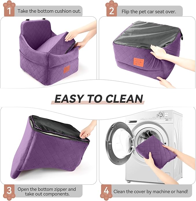 Dog Car Seat for Small/Medium Dogs, Dog Booster Car Seats with Thick Cushion for Dogs Under 35lbs, Detachable Washable Pet Carseat with Storage Pockets, 2 Safety Belts(Purple)-PawvioPets