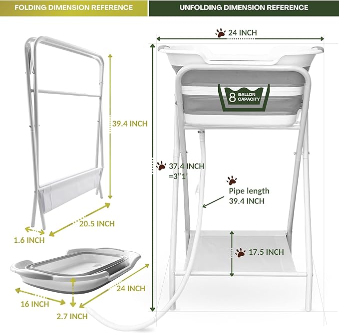 CYGNE 2-in-1 Dog Bathtub & Washing Station, Elevated Collapsible Bathtub with Drainhole & Storage Rack, Foldable Portable Indoor/Outdoor Pet Bathing & Grooming for Small Dogs Cats-PawvioPets