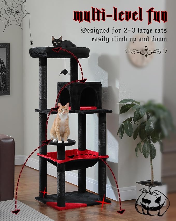 Gothic Cat Tree with Super Large Hammock, 56.3" Black Cat Tower with Coffin Bed, Cat Condo, Sisal Scratching Posts & Top Perch, Multi-Level Goth Cat Tree, Halloween, Black-PawvioPets