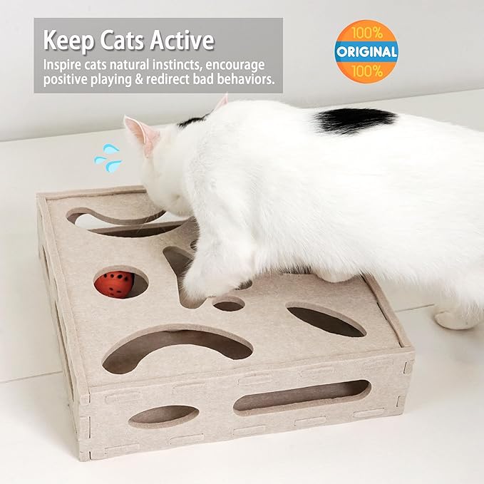 PETKARAY Felt Cat Puzzle Toy, Interactive Cat Toys for Indoor Cats, Interactive Maze for Kitten Felt Puzzle Box with Ball, Beige-PawvioPets