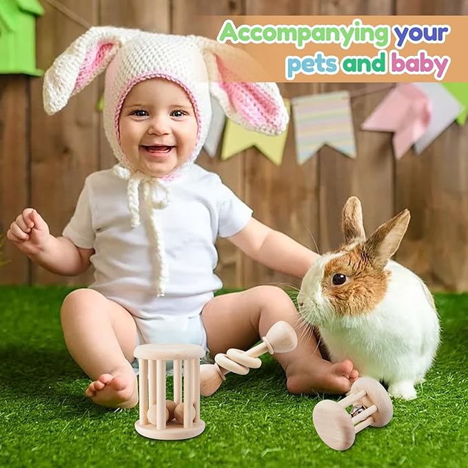 3 Pcs Wooden Bunny Toys - Safe Rabbit & Guinea Pigs Teeth Grinding Toys for Chinchillas, Hamsters & Small Animals - Indoor & Outdoor-PawvioPets