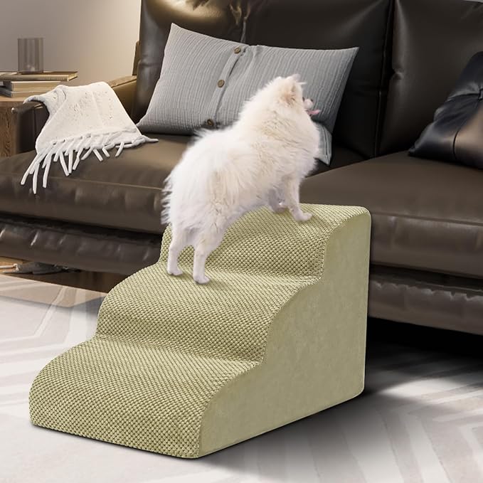 Dog Stairs for Small Dogs - High Density Foam Pet Steps, Extra Wide Dog Ramp with Non-Slip Bottom for High Beds, Couch and Sofa, Best for Dogs Injured, Older Doggy Cats,3 Steps, Camel-PawvioPets