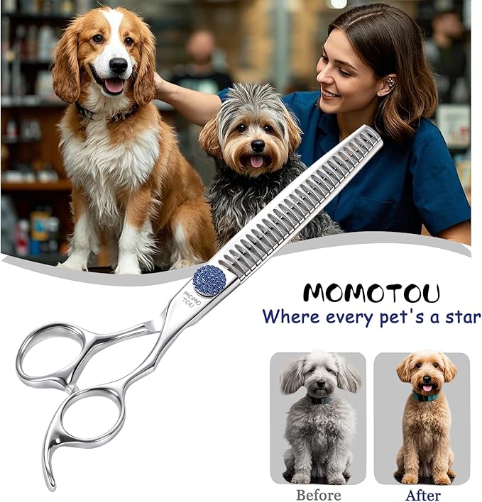 7.5'' Dog Grooming Scissors CNC 440C Blades Sharp and Durable Polished Chunker Dog Shears with Blue Diamond Adustable Screws Easy to Use for Groomer and Home User-PawvioPets
