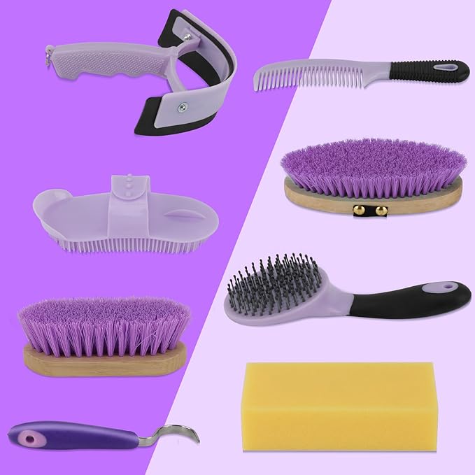9 Pieces Grooming Kit with Tote Bag, Sweat Scraper, Sponge, Hoof Pick, Curry Comb for Horse Riders Beginners (Purple)-PawvioPets