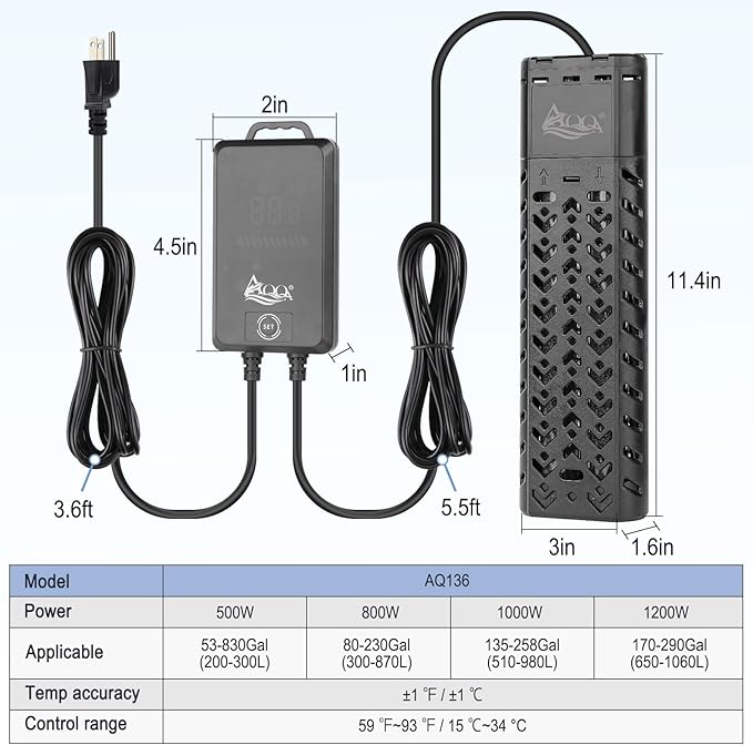 AQQA Fish Tank Heater 1200W for 170-290 Gallon Submersible Aquarium Heater Pond Heater Thermostat Heater with Intelligent Protection System for Freshwater and Saltwater (AQ136-1200W for 170-290Gal)-PawvioPets