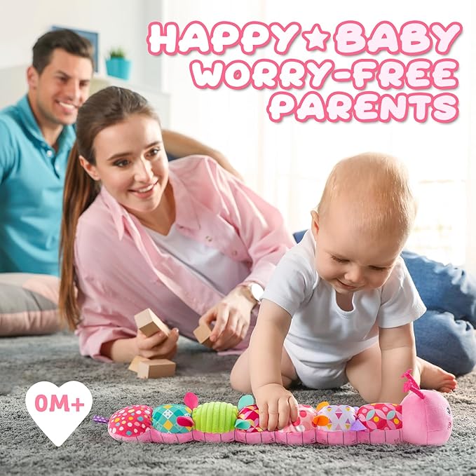 Baby Toys 0-6-12 Months,Infant Musical Stuffed Animals Activity Toys with Muti-Sensory Crinkle,Rattles,Baby Girl Toys Gifts for Newborn Tummy Time,Caterpillar,Pink-PawvioPets
