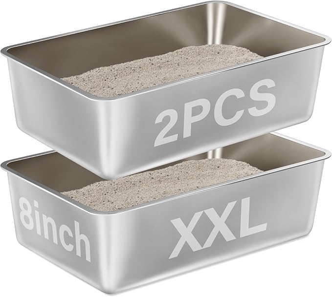 2 Pack Stainless Steel Litter Box-XXL Metal Litter Box for Big Cats 8IN Deep, Cat LitterBox-Pet Toilet Easy to Clean,High Sided Cat Litters Boxes Adult Cats,Non Stick, No Smell-PawvioPets