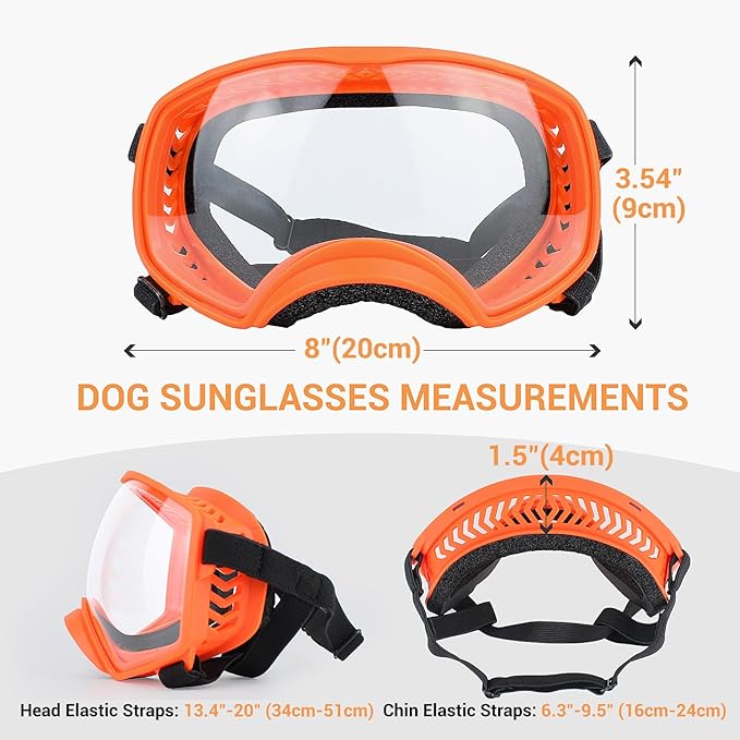 Dog Sunglasses UV Protection Clear Dog Goggles Windproof Glasses with Elastic Straps for Medium-Large Breed, Orange Frame + Clear Lens-PawvioPets