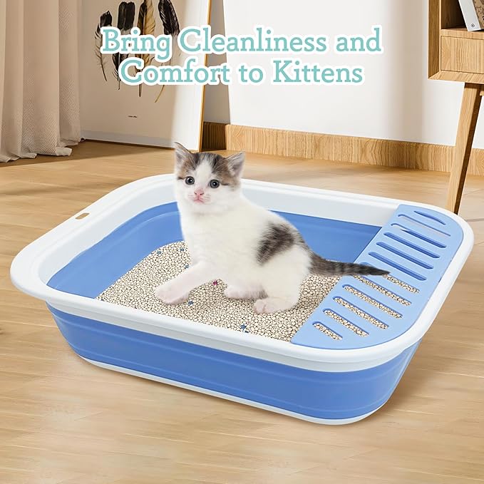 Fhiny Cat Litter Box Portable Shallow Litter Box 17.7"x13.4"x4.9" Foldable Cat Toilet with Scoop Open Kitty Potty Pan with Litter Drop Pedal Easy to Clean Travel Kitten Toilet(Blue)-PawvioPets