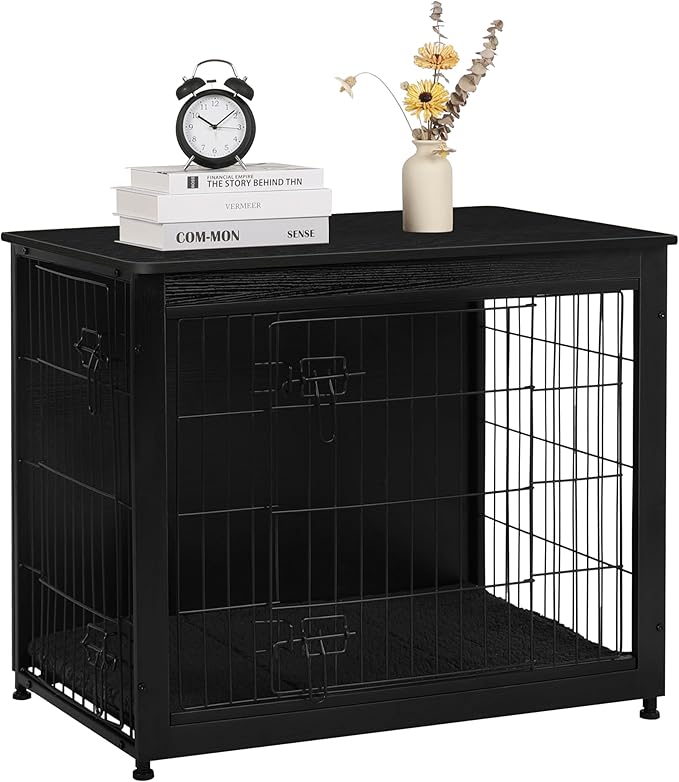 DWANTON Dog Crate Furniture with Cushion, Wooden Kennel Table with Double Doors, Indoor Dog House, Medium Size, 32.5" L, Black-PawvioPets