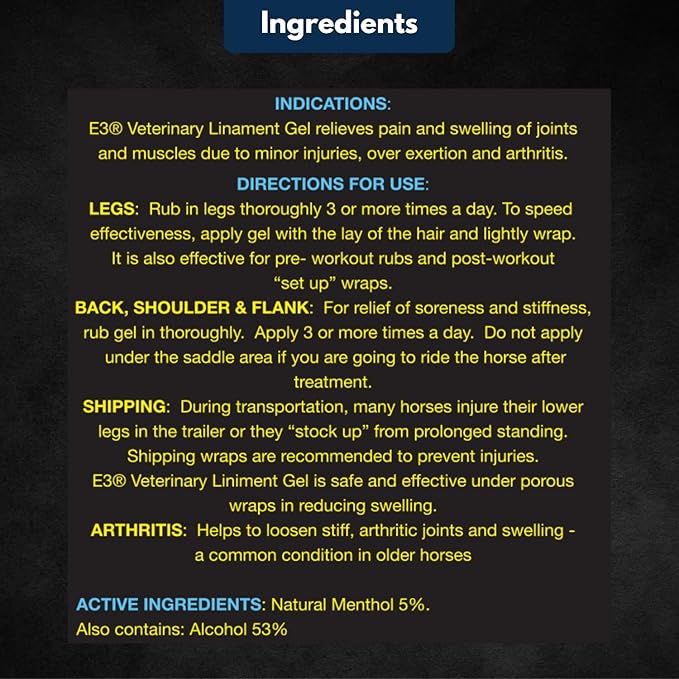 E3 Veterinary Strength Liniment Gel for Sore Muscle & Joint Relief - Reduces Pain & Swelling - Horse Liniment for Humans & Pets - Arthritis Aid - Non-Greasy Herbal Formula- Topical Analgesic-PawvioPets