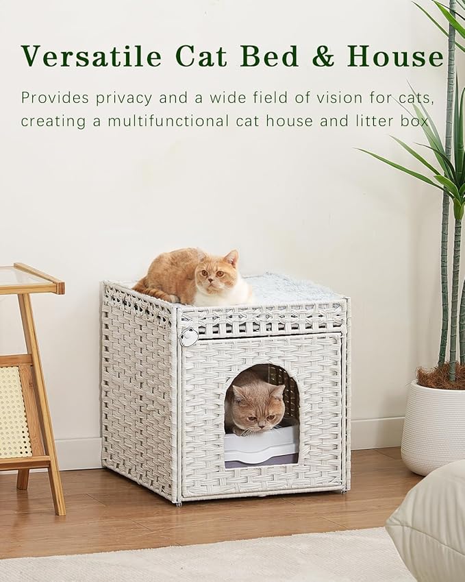 Cat Beds for Indoor Cats Extra Large Double Cat Cave Pet Cube, Handwoven Rattan Cat Houses with Double-Sided Soft Cushions, 18.5 x 20.5 x 19.1 Inches Foldable Hideaway in Living Room White-PawvioPets