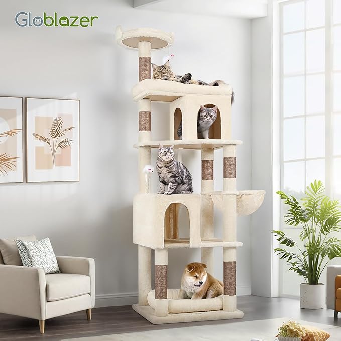 Globlazer Heavy Duty Cat Trees for Large Cats, Sturdy 72in Maine Coon Cat Tree for Large Cat 20 lbs+ Heavy Duty Cat Tower for Adult Biggest Cats with 6 Scratching Posts, Hammock, S72, Beige-PawvioPets
