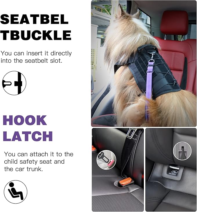 AUBELL Dog Seat Belt for Car,2 Pack Set 3-in-1 Adjustable Reflective Bungee Heavy Duty Dog Car Harness Tether with Clip Hook Latch & Buckle,Swivel Zinc Alloy Carabiner,Black+Purple-PawvioPets