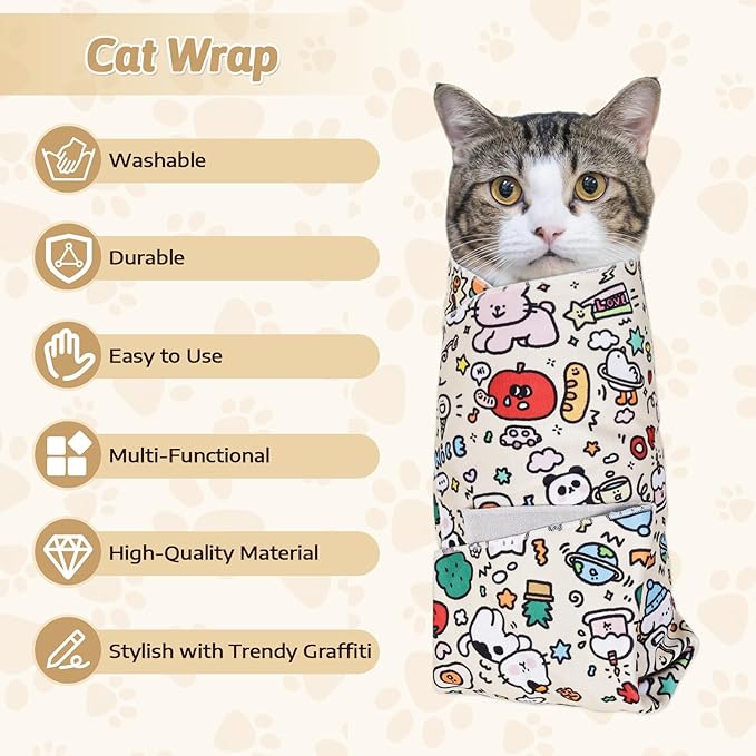 3-in-1 Cat Grooming Restraint Bag for Nail Trimming, Ear Cleaning & Medicine - Escape-Proof Design with Anti-Scratch Lining, Calming Pressure - Fits Cats & Kittens Up to 15lbs-PawvioPets
