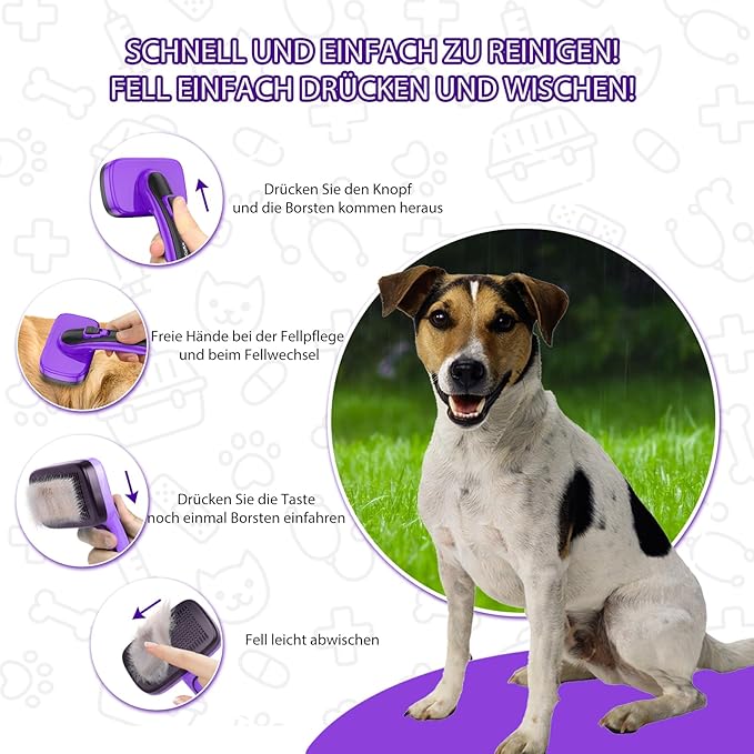 Dogs Cats Self Cleaning Slicker Brush for Shedding & Grooming Any Breed of Pets, Removes Loose, Undercoat, Mats, Tangled Hair for Small Medium Large Animal With Long Short Fur Length, Purple-PawvioPets