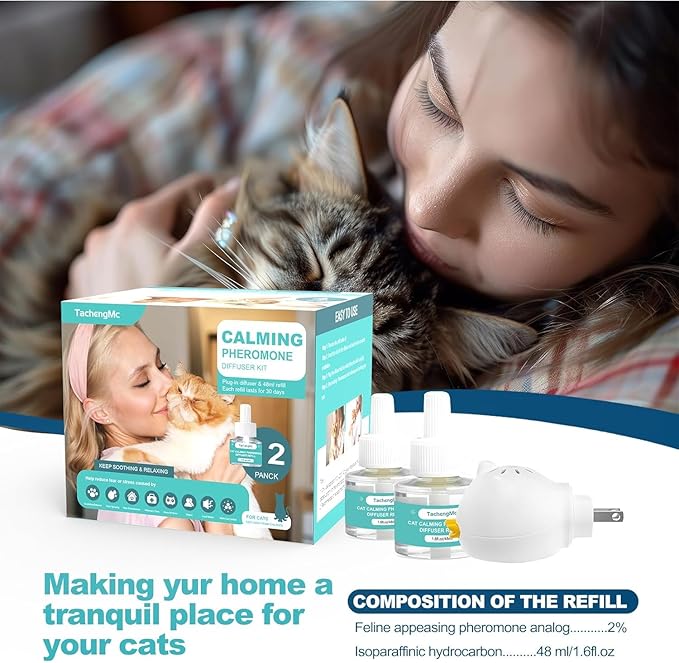 Cat Calming Diffuser, Cat Pheromones Calming Diffuser, Effectively Relieve Anxiety Stress Cat Diffuser Calming Multicat with 1 Diffuser + 2 Refill 48ml Last 60 Days Fits All Cats-PawvioPets