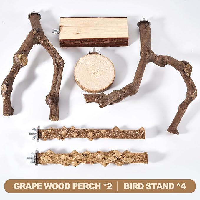 6-Piece Bird Perch Set - Natural Wood Grape Sticks, Paw Grinding Forks, Bird Stand & Toys for Parakeets, Cockatiels, Conure, Budgies-PawvioPets