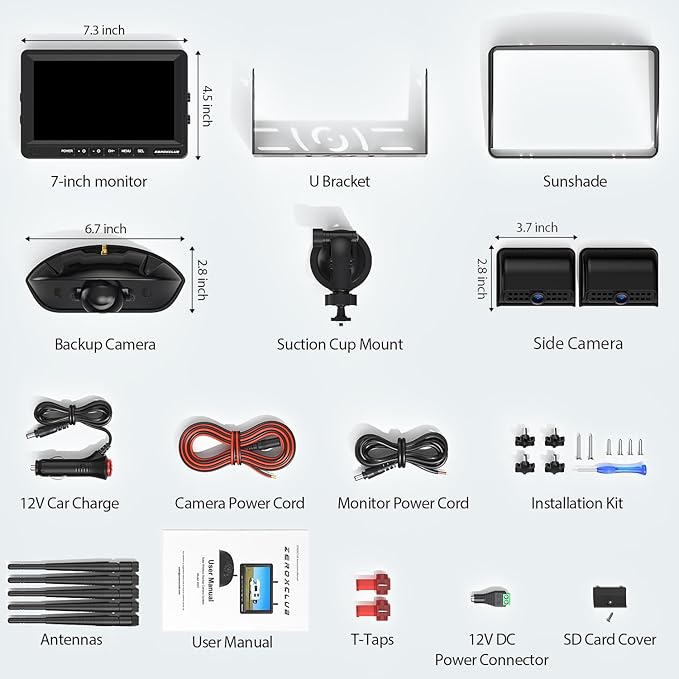 3-Camera Wireless RV Backup Camera System with 7-Inch Monitor, 1 Rear Sharkfin, 2 Side Cameras, DVR Monitor & IR Night Vision, IP69K Waterproof, Compatible with Furrion Pre-Wired RV Trailer-PawvioPets