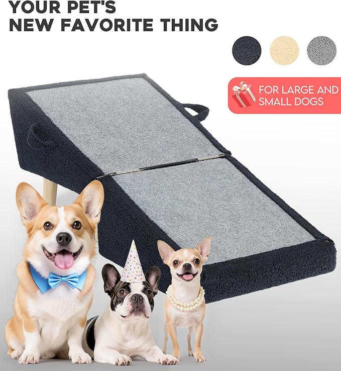 Dog Stairs for Small Dogs and Cats – 2-in-1 Dog Ramp for Bed and Couch, 16.5'' Foldable Wooden Pet Steps, Sturdy Multi-Use Split Ottoman Design, Dark Blue-PawvioPets