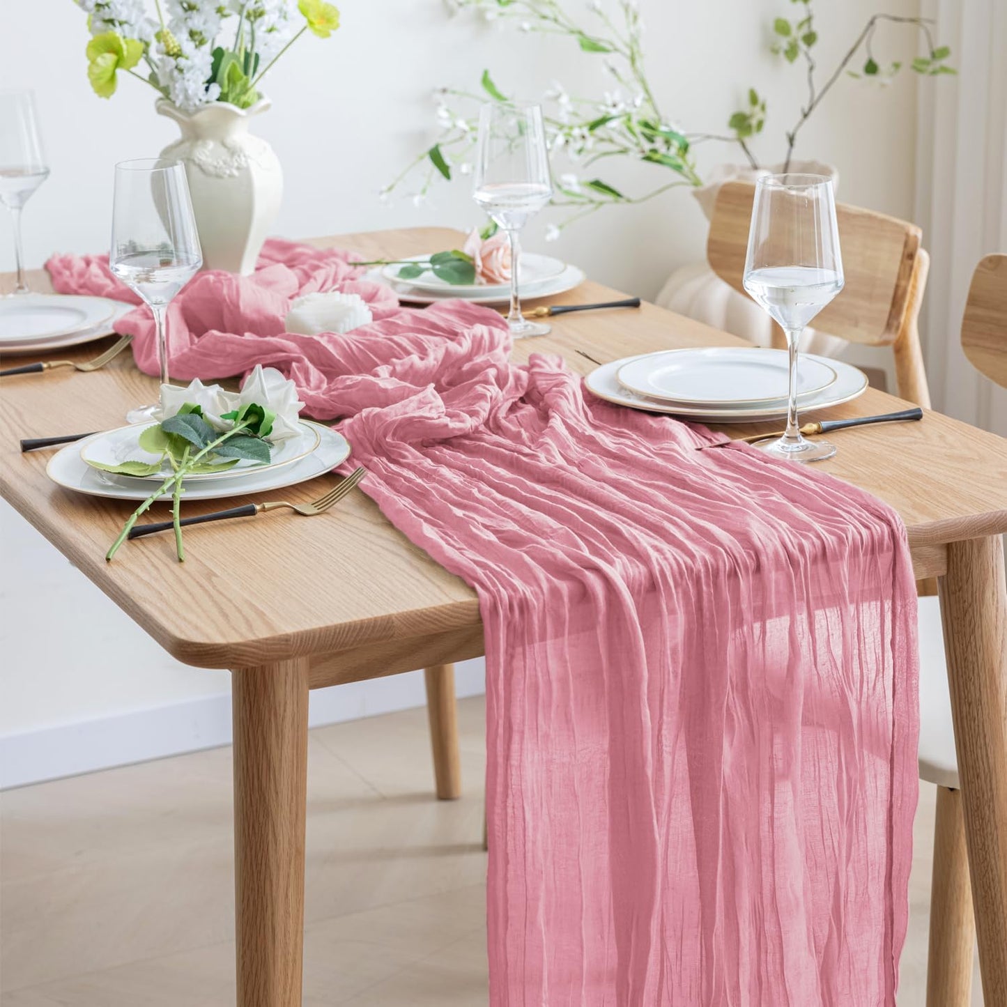 Asee'm 2pcs Cheesecloth Table Runner 120 Inches Long Pink Boho Gauze Cheese Cloth Runner 10FT Rustic Sheer Table Runners for Christmas Wedding Party Baby Shower Spring Easter Decoration