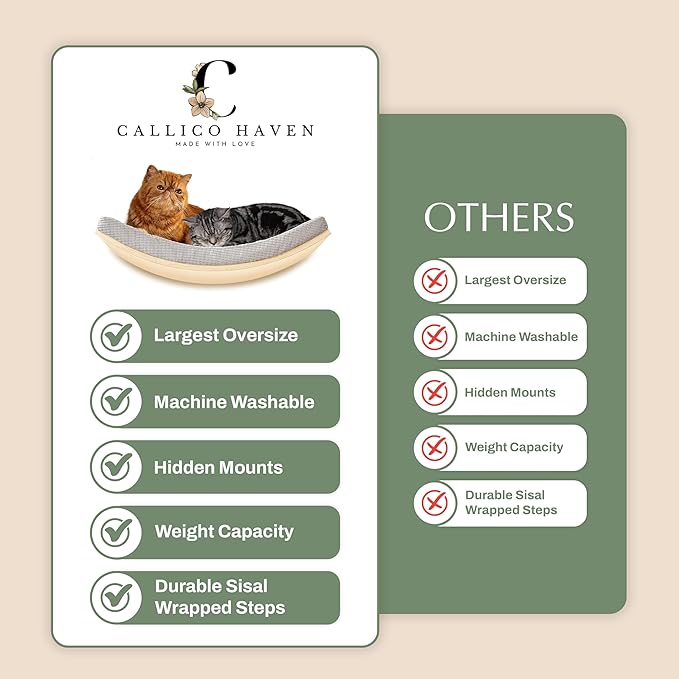 Extra Large 23.6”×14.6” CALLICO HAVEN- Stylish Cat Wall Shelves with Curved Design, Modern Wall-Mounted Cat Tree Hammock with Soft Cushion, Sturdy/Hidden Mounts, Washable Cover, Sleek Design -C Shape-PawvioPets