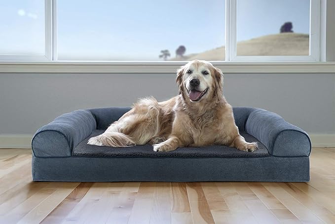 Furhaven Cooling Gel Dog Bed for Large Dogs w/ Removable Bolsters & Washable Cover, For Dogs Up to 95 lbs - Sherpa & Chenille Sofa - Orion Blue, Jumbo/XL-PawvioPets