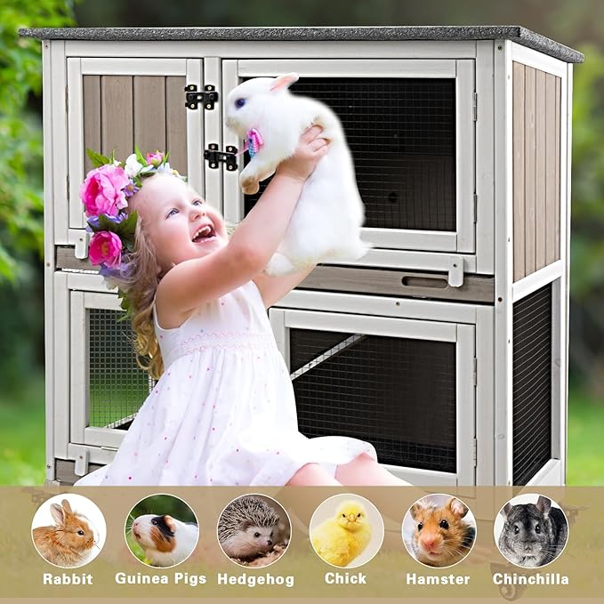36" L Rabbit Hutch Indoor with 4 Metal Wheels, 2-Story Wooden Bunny Hutch Outdoor Bunny Cage, 2 Deeper Pull-Out Trays, Ramp, Rabbit Cage Guinea Pig Pet House for Small Animals-PawvioPets