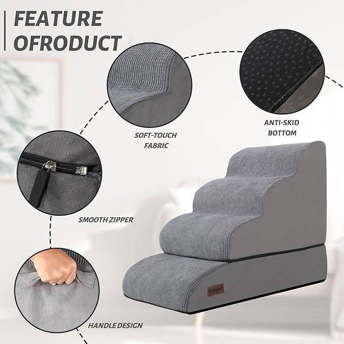 4-Step Dog Stairs and Ramp for Beds or Couches – Non-Slip Sturdy Pet Steps for Small Dogs and Cats,21" H,Grey-PawvioPets