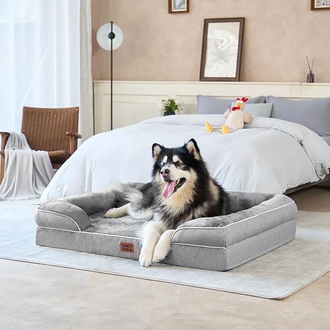 EHEYCIGA Orthopedic Dog Beds for Extra Large Dogs 44x32Inch, Waterproof Memory Foam XL Pet Bed with Sides, Non-Slip and Egg-Crate Foam Big Dog Couch Bed with Washable Removable Cover, Grey-PawvioPets