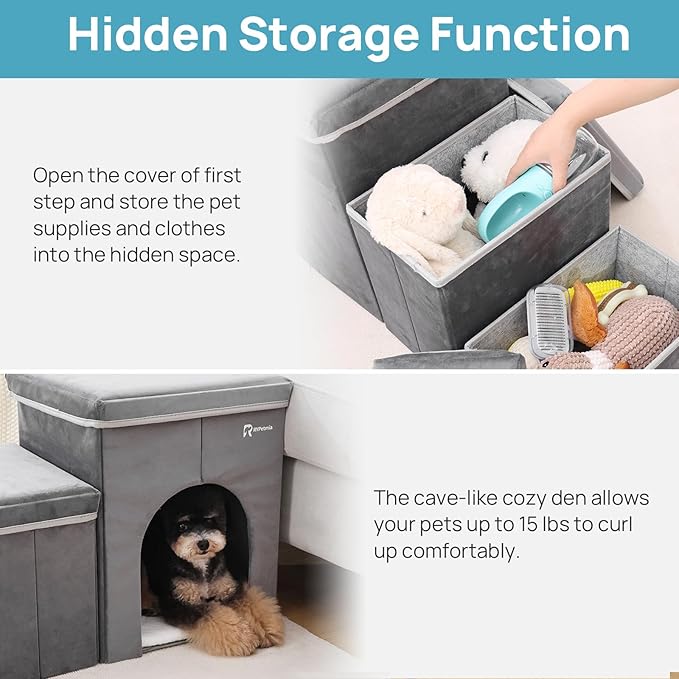 Foldable Pet Stairs for Beds & Sofas - Non-Slip Dog Steps with Storage for Small to Medium Dogs & Cats, Supports up to 120 lbs - Durable 2 & 3-Step Doggie Ladder for Easy Access-PawvioPets