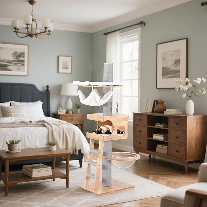 63-inch Modern Cat Tree, Luxury Cat Tower with Scratching Post, Unique Cat Condo with Hammock, Heavy Duty Kitty Climbing Tree for Indoor Cat, Wooden Kitty House for Small Medium Large Cats-PawvioPets