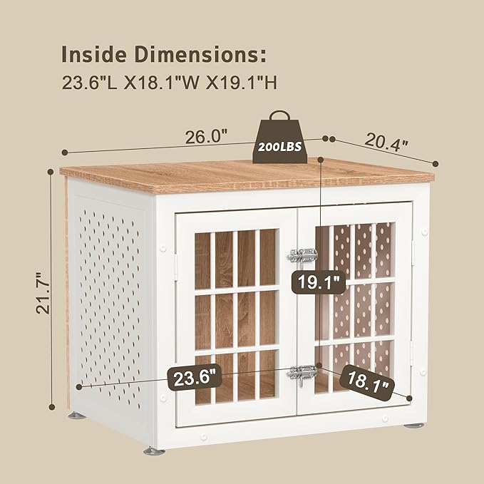 26" Heavy Duty Dog Crate Furniture for Small Dogs, Metal Kennel for High Anxiety Dogs, Chew Proof Pet Cage Indoor, Decorative Dog Kennel End Table,White-PawvioPets