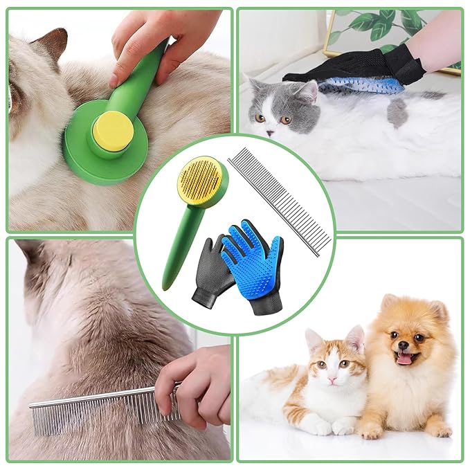 Dog & Cat Brush,Pet Grooming Kit 4PCS- Dog Brush for Shedding| A Pair Pet Hair Removal Gloves| Metal Comb for dog.Removes Undercoat, Loose Hair, Tangled, Dirt and Massages. All hair Types-PawvioPets