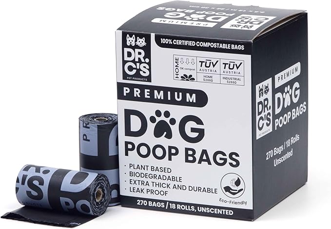 100% Certified Compostable Dog Poop Bags - Dr. C's Premium Dog Poop Bags - 270 Bags / 18 Rolls, Extra thick, Leak Proof, Unscented, Plant Based and Earth Friendly-PawvioPets