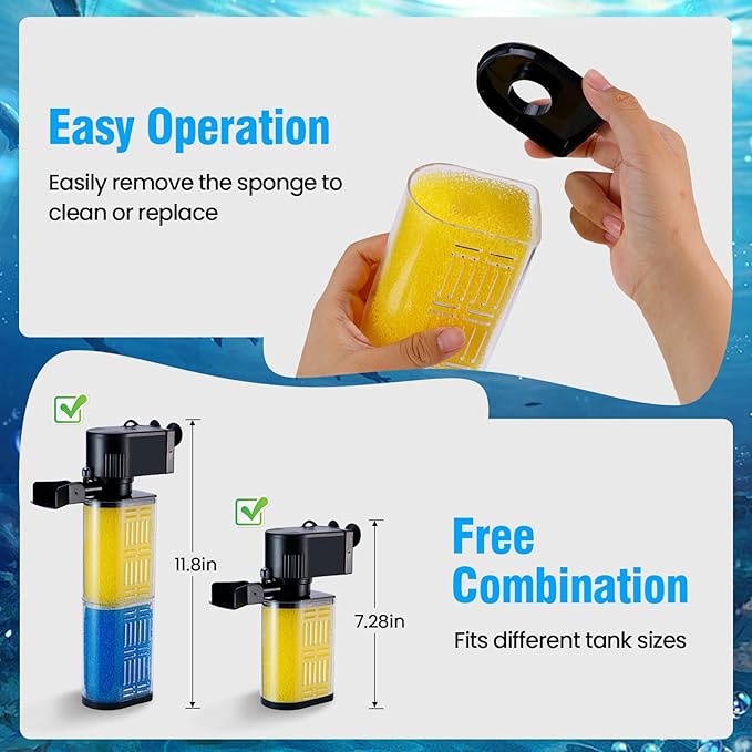 Aquarium Filter for 30-100 Gallons, Ultra-Quiet Fish Tank Filters Biochemical Filtration 400GPH Powerful Pump Submersible Sponge Filter for Large Fish & Turtle Tanks Water Clear Air Supply (18W)-PawvioPets