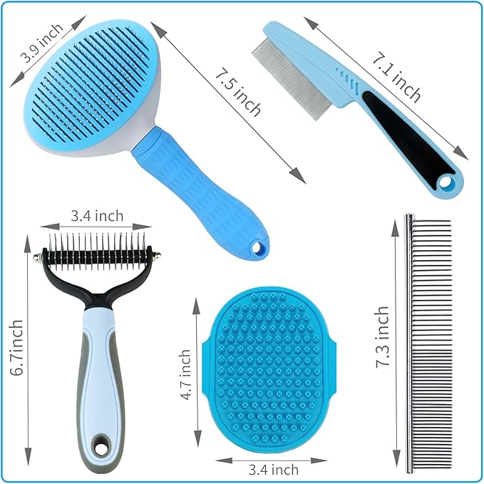 Dog Brush Grooming Kit 5PCS - Dog Brushes for Grooming, Dog Brush for Shedding,Puppy Brush and Flea Comb for Dogs, Slicker Brush Comb and Dog Hair Brush Set Blue-PawvioPets