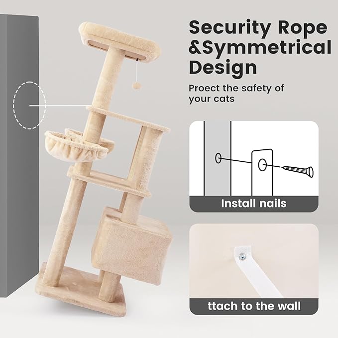 Gardner Pet 65in Heavy Duty Cat Tree Tower for Large Cats, Multi-Level Cat Furniture with Replaceable Sisal Scratching Post, Hammock | Extra-Large Platform & Condo (Beige)-PawvioPets