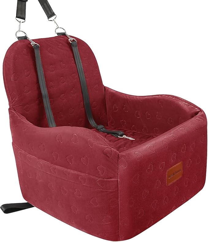 Dog Car Seat for Small/Medium Dogs,6in Elevated Cushion,Fits in Front/Back Seat,Fully Detachable and Washable,2 Storage Pockets,Easy to Install (Red, Medium)-PawvioPets