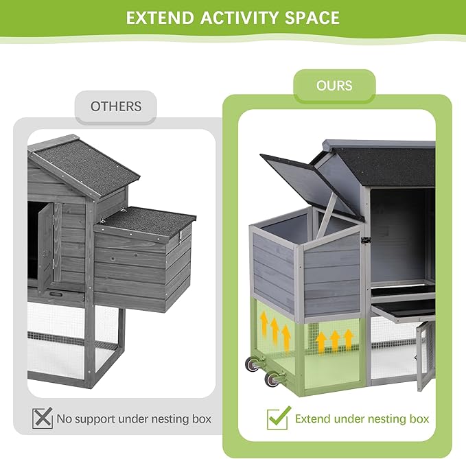 COZIWOW 82" Large Wooden Chicken Coop, Outdoor Rabbit Hutch, Guinea Pig Pet House with Wheels, Sunshine Board, Asphalt Roof, Ramp, Openable Top, Door, Window, Pull-Out Tray, Indoor Bunny Cage (Gray)-PawvioPets