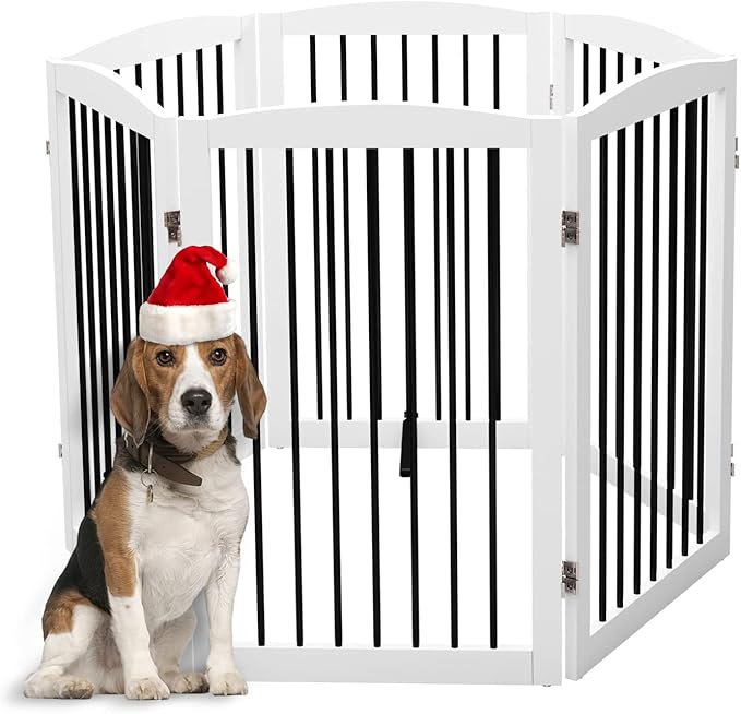 Freestanding Pet Gate for Dogs, Indoor Wooden Foldable Dog Gate for House, Extra Wide, Pet Fence for Stairs, Doorways, Halls, Support Feet Included, 120 Inch Wide, 6 Panels 32",White-PawvioPets