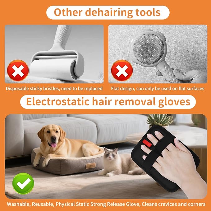 2 Pcs Pet Hair Removal Gloves, Reusable Electrostatic Grooming Mitt, Washable & Eco-Friendly Fur Remover for Dogs & Cats, Versatile for Furniture, Bedding, Clothes, and Car Seats-PawvioPets